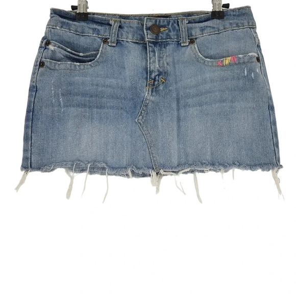Aeropostale Mini Denim Skirt Medium Wash Distressed Floral Hand Embroidered - Picture 2 of 8